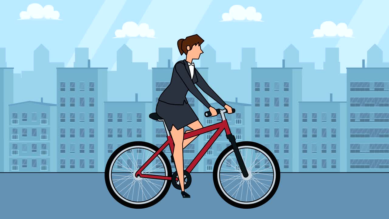 빨간색 자전거 애니메이션을 타고 있는 평평한 만화 사업가 캐릭터 사이클리스트
