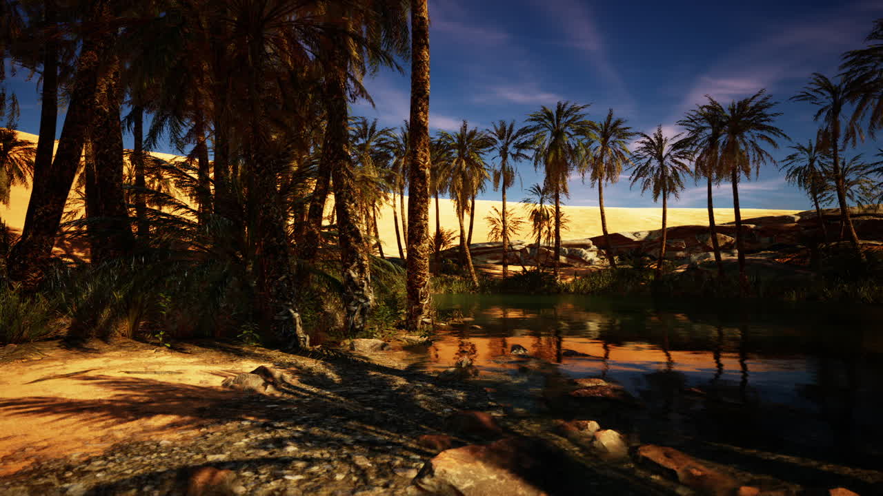 Palm trees lining a tranquil oasis in a desert landscape during sunset