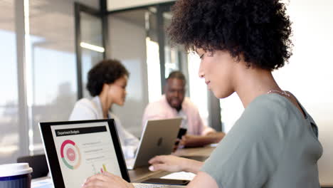 african american woman looking at laptop screen displaying graphs in office