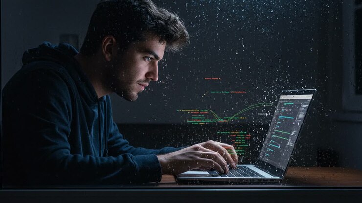 Late-night coding session while listening to the soothing sound of rain gently falling outside the window
