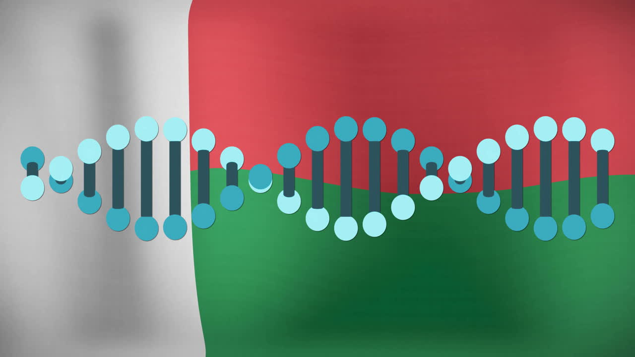 DNA strand animation over red, white, and green flag background