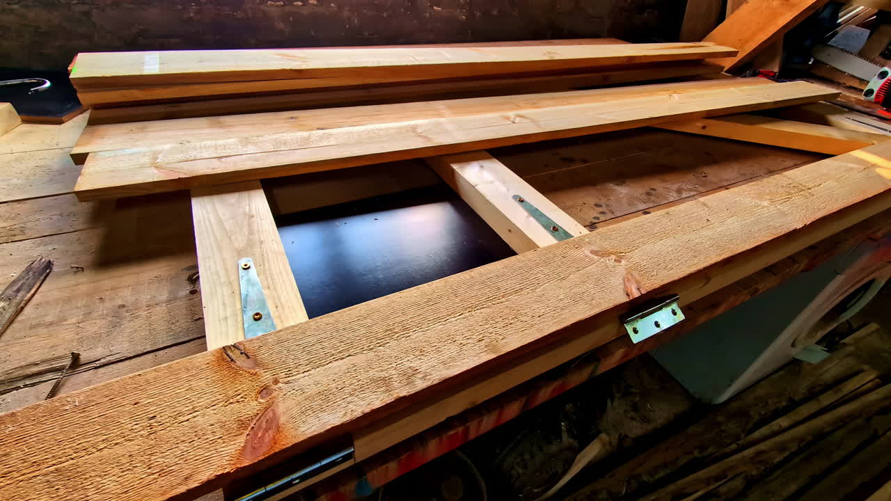 Unfinished Wooden Door Frame on Workbench in Rustic Workshop With Tools Around