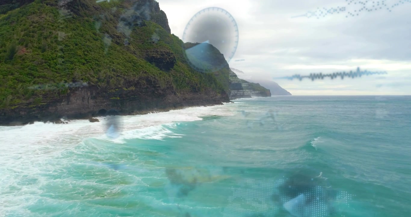 Prise de vue par drone en ouverture, falaise à gauche, sphère technologique et forme d'onde émergentes, visualisant les données océaniques.