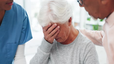 crying, old woman and man with doctor