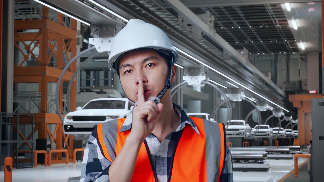 안전 헬을 입은 아시아 남성 엔지니어가 ev 자동차 공장에서 서 있는 동안 shh 제스처를 하고 있습니다.