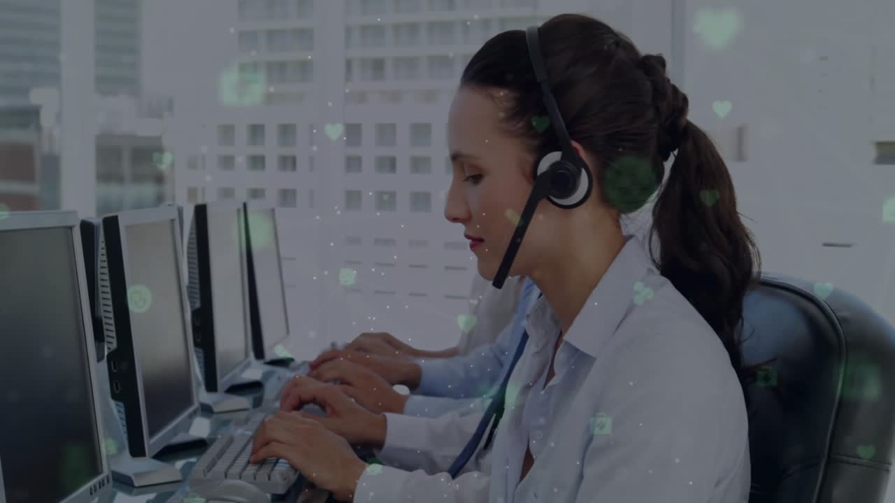 Call center agents typing and speaking activating medical icons showing data flow over city view