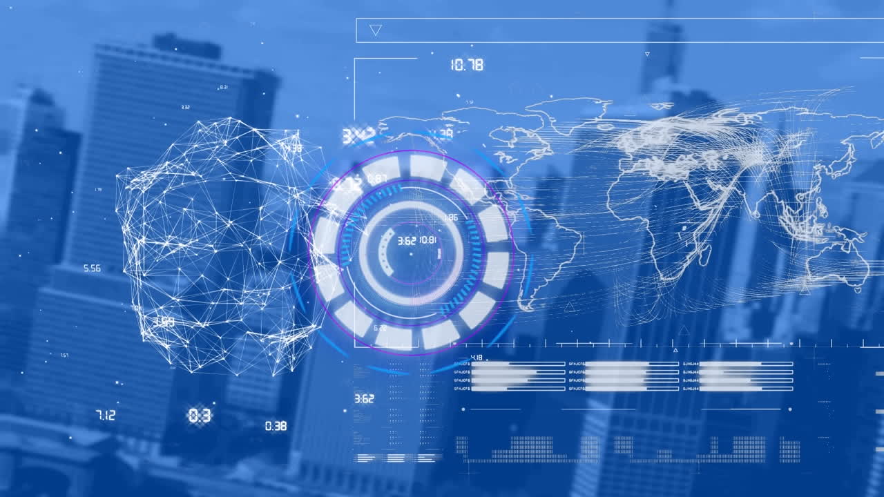 파란색 배경에 대한 범위 스캐닝, 숫자 및 데이터 처리 애니메이션