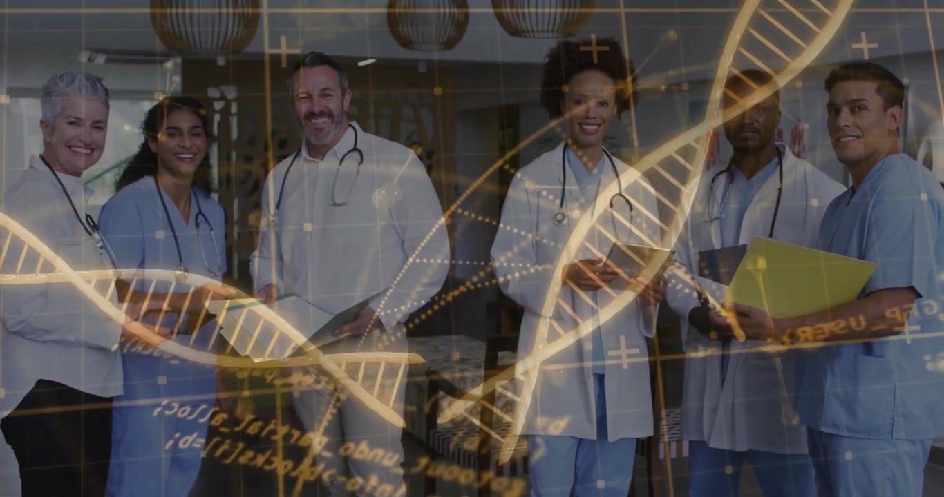 Ved start står et sundhedsteam i lobbyen med en DNA-helix overlejret gruppen til genetisk analyse.