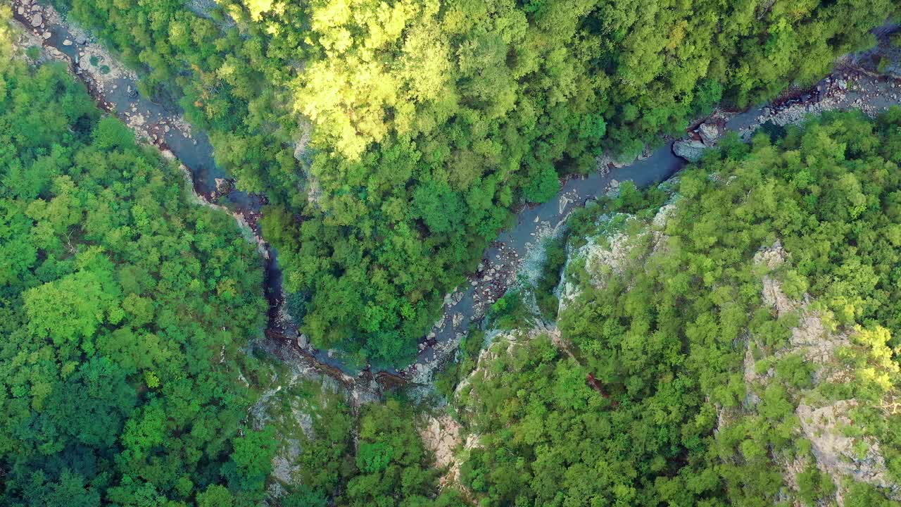 Meandering river on pristine lush forest and cliffs. Top aerial