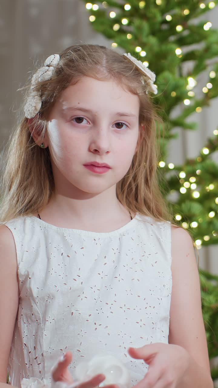 Snowy white girl holding ornament, delicate flakes dusting hair and shoulders, calm gaze into camera, soft warm glow from tree lights in background, lace dress and subtle styling for holiday card
