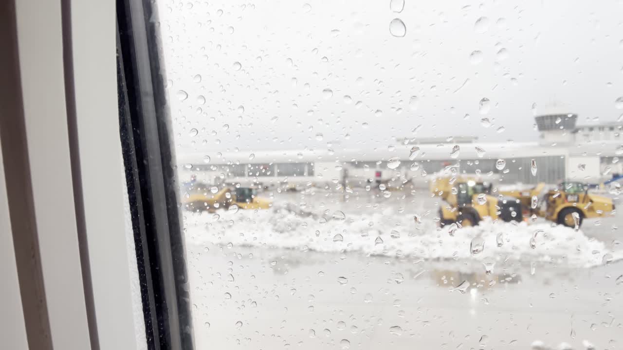 Inside plane view of Detroit's DTW airport with snow plows clearing snowy runway through airplane window during winter weather conditions