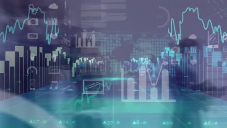 composición digital del procesamiento de datos financieros contra los empresarios que caminan en segundo plano