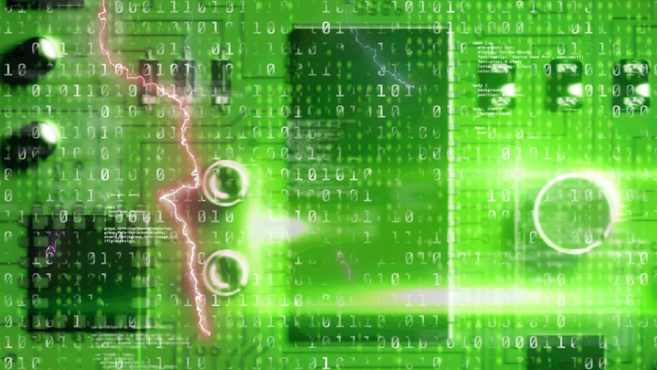 animación del procesamiento de codificación binaria con rayos sobre la placa de la computadora