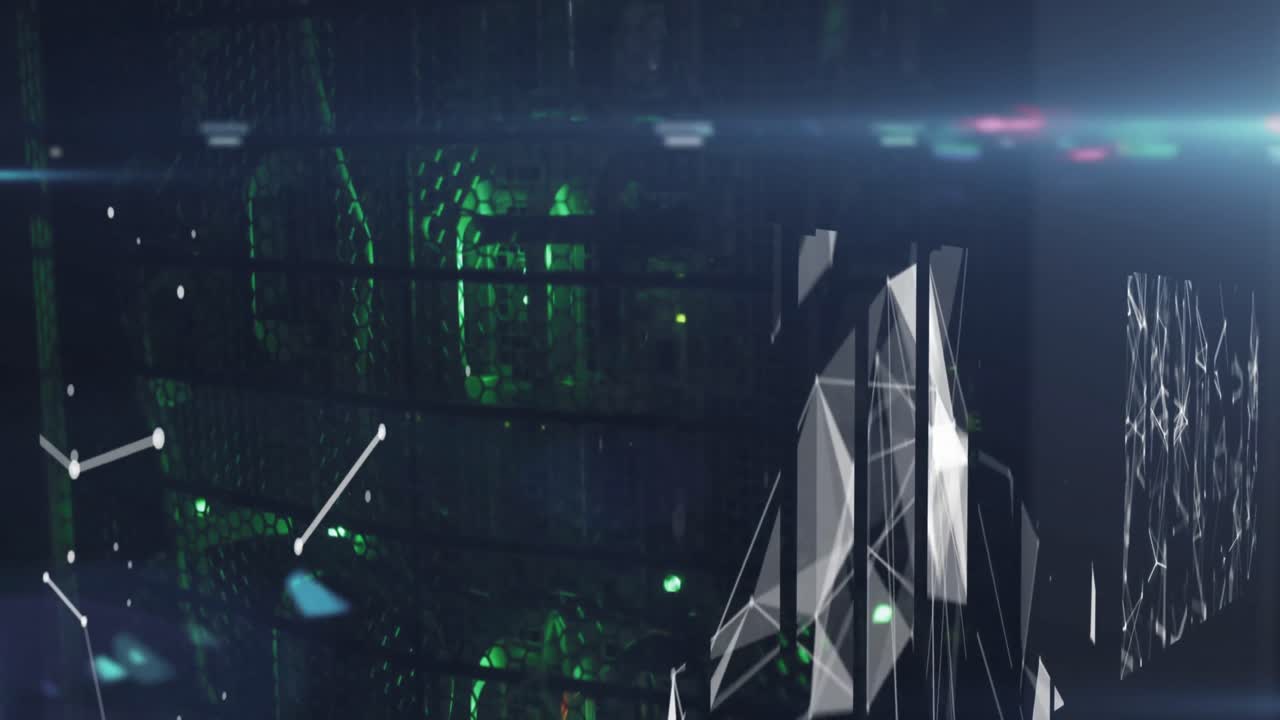 Animation of networks of connections over green lights of computer servers