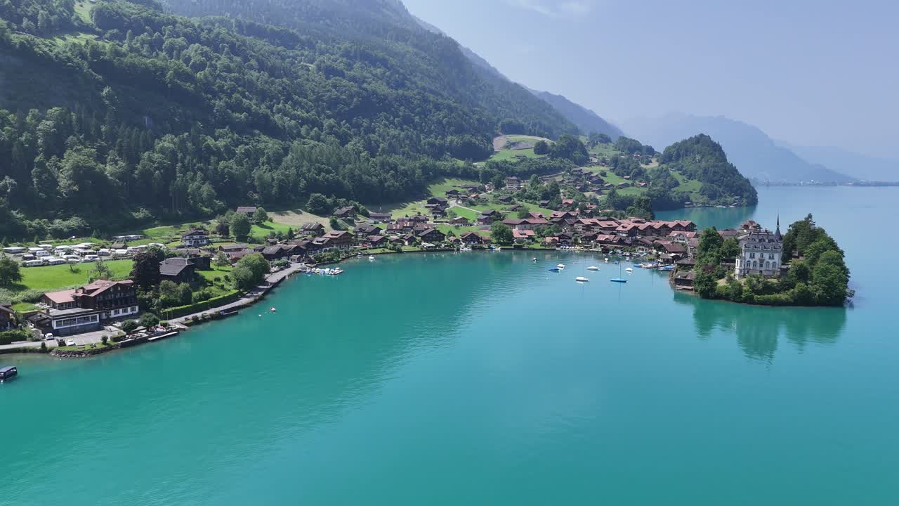 Iselwalt village Switzerland Lake Brienz drone,aerial high angle shot