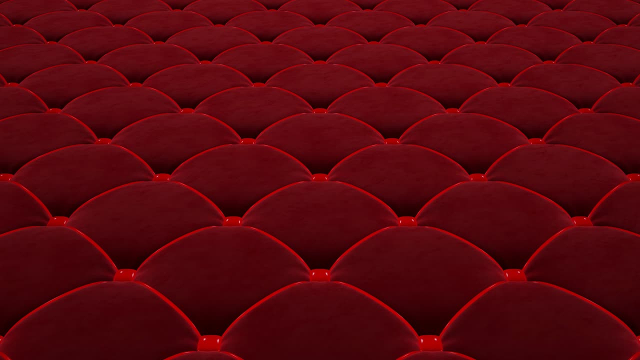 animación 3d del sobrevuelo una superficie de terciopelo acolchado rojo con cuerdas rojas brillantes. video en bucle.