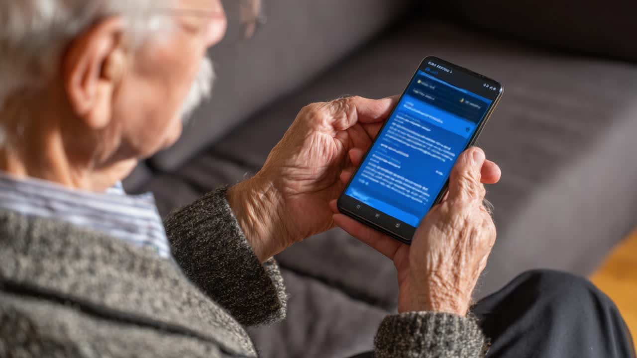 An elder man engaged in using a smartphone, focusing on text displayed on the screen while seated comfortably in a cozy environment, showcasing digital interactions