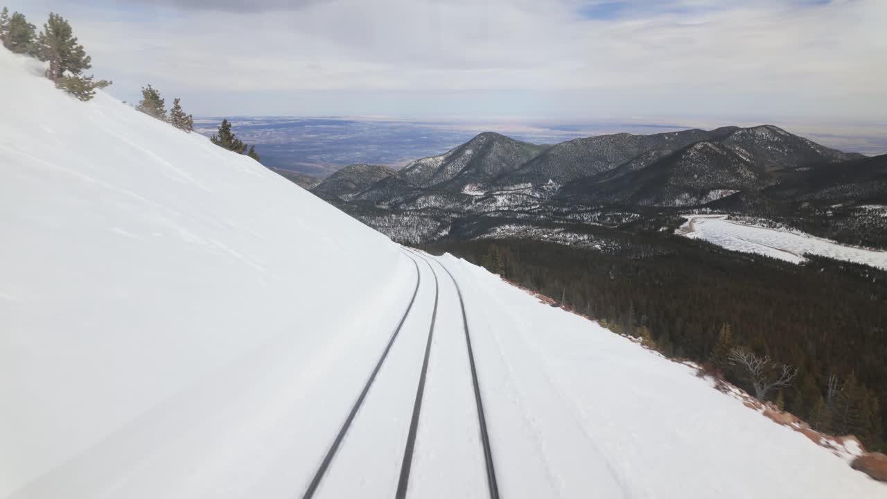 POV From Train On Snowy Cog Railway Traveling To Pikes Peak In Colorado, USA.