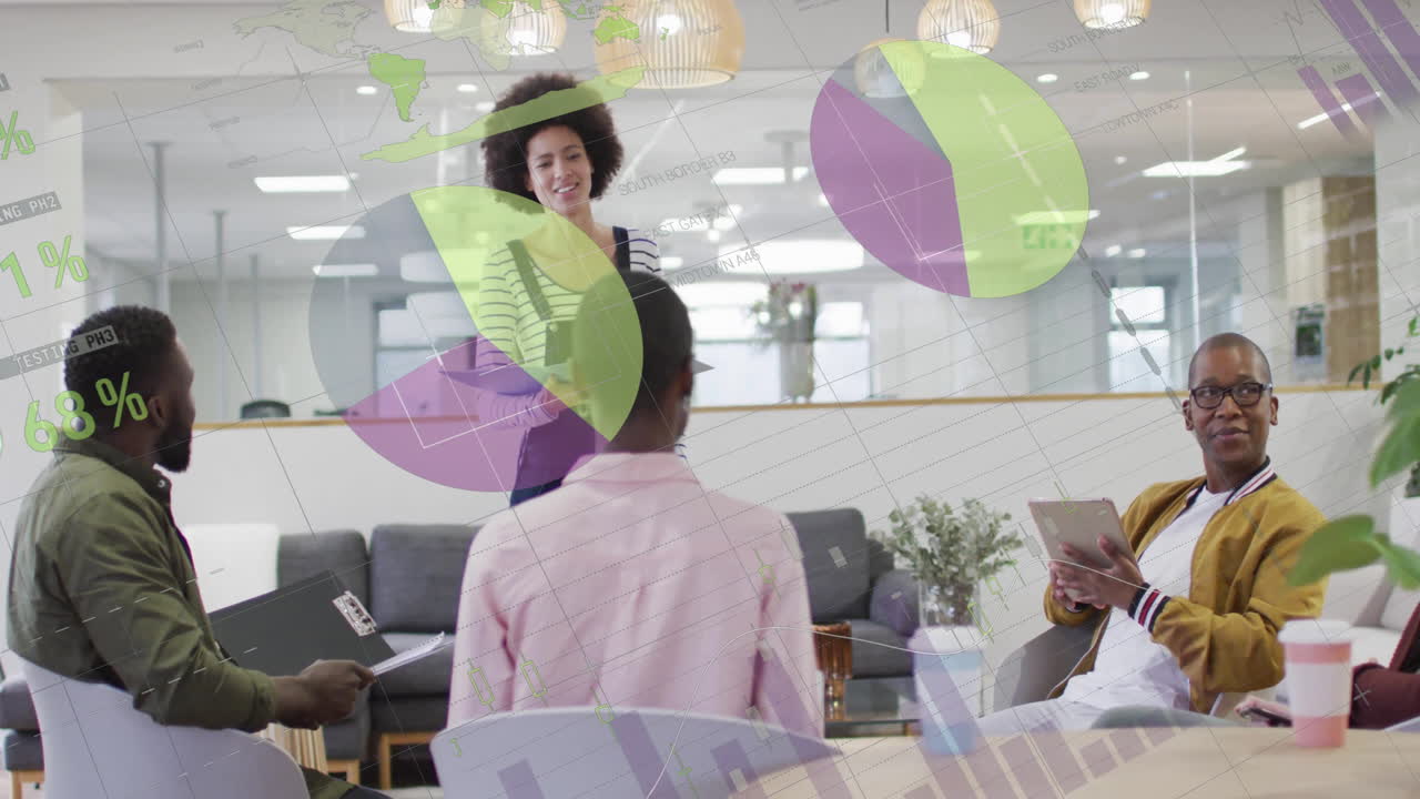 Animation of data processing and diagrams over diverse colleagues discussing work