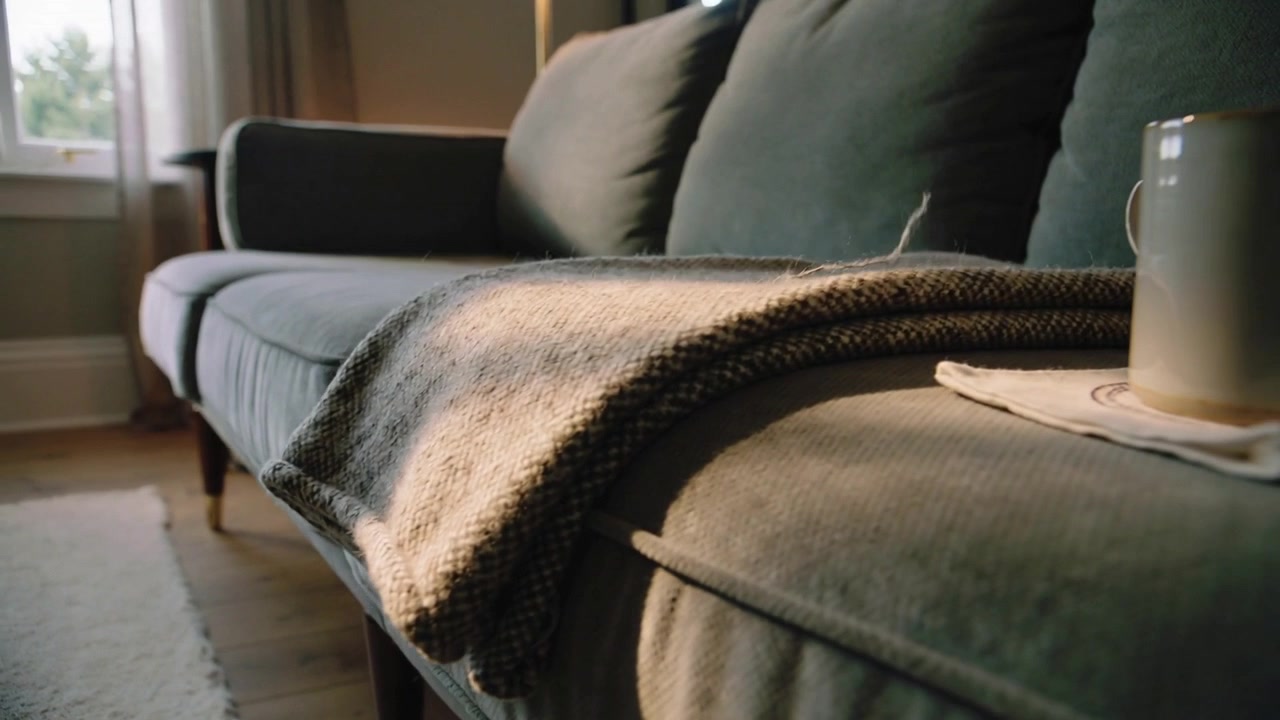 Caméra zoomant révélant un plaid beige plié sur un canapé gris-bleu sarcelle à la maison, mettant en valeur le fil et la tasse.
