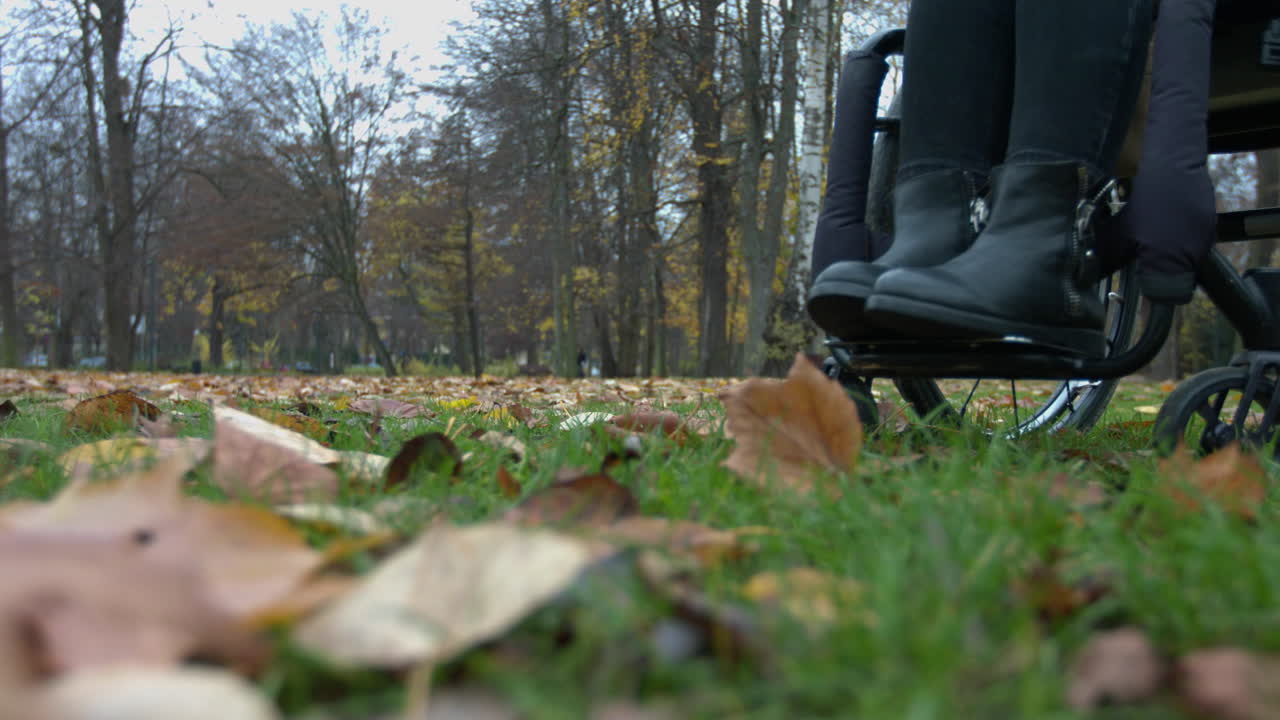 Close up on legs and wheelchair of disabled paralyzed person in autumn park