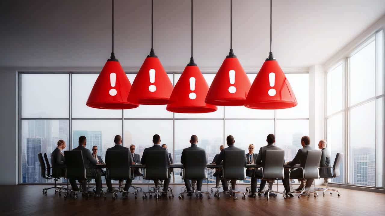A dynamic boardroom meeting environment where a group of professionals engages in discussion, under distinctive red lamps marked with exclamation points, signaling urgency and focus
