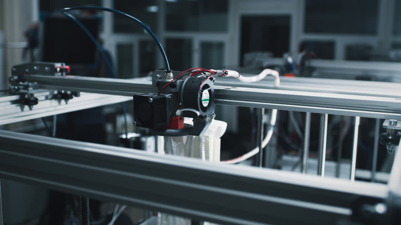 A close-up view of a 3D printer creating an object layer by layer