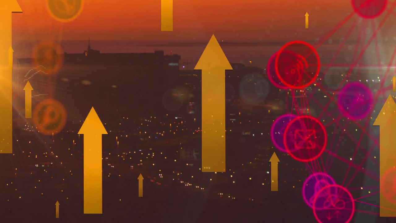 도시 풍경 위의 아이콘으로 연결된 네트워크의 애니메이션