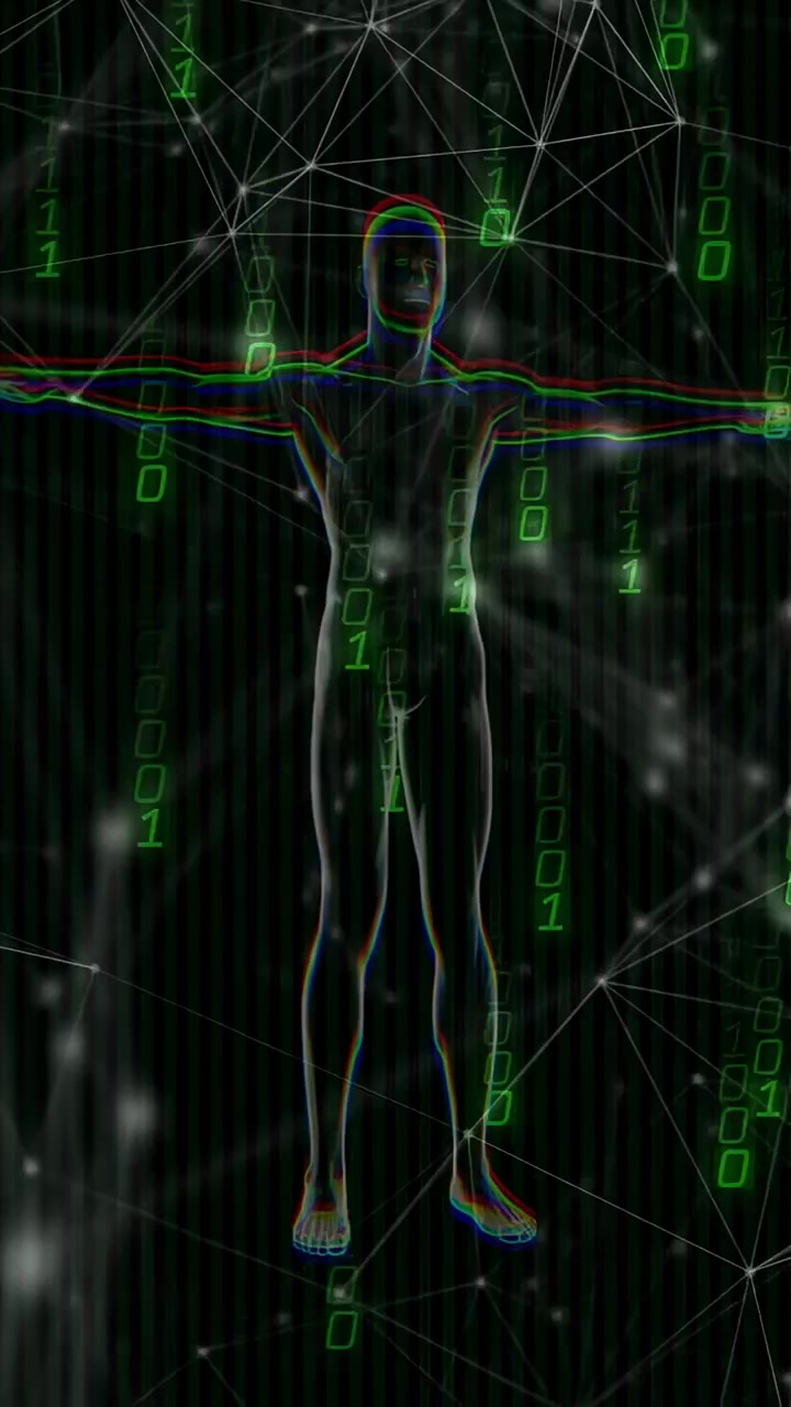 Vertical video: On start 3D humanoid rotating while mesh forming and binary streams showing anatomy