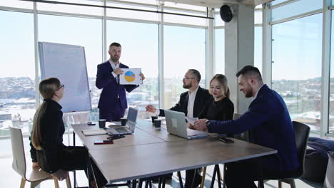 communication and discussion at the business meeting. cooperative team discussing charts at the table in the office. cityscape at the backdrop.