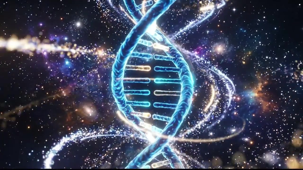 Elica astratta verticale di filamento di DNA che ruota con particelle molecolari scintillanti