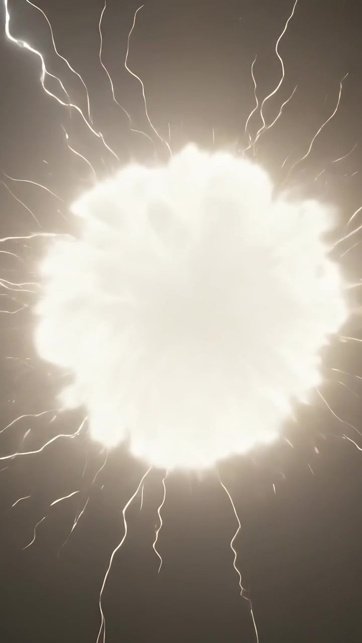 Video vertical: Núcleo pulsante expandiéndose contra el cielo oscuro, lanzando un rayo vertical, filamentos y halo.