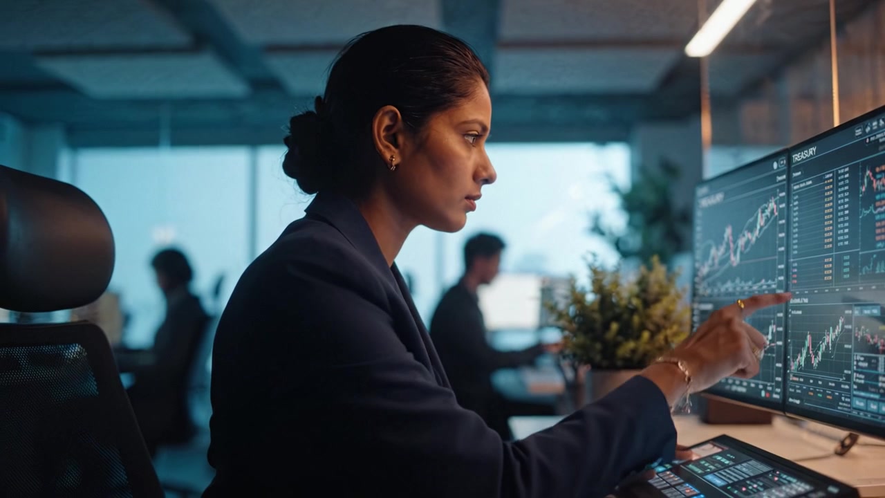 Focused Business Professional Analyzing Financial Data on Multiple Monitors in Modern Office Environment at Night, Showcasing Concentration and Expertise.