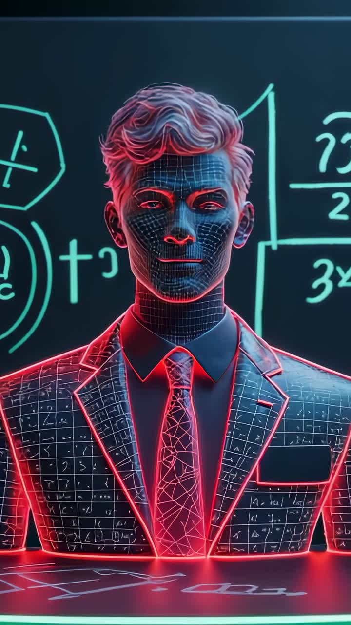 Vertical video: Zooming out camera revealing avatar in suit and tie in studio, chalkboard equations