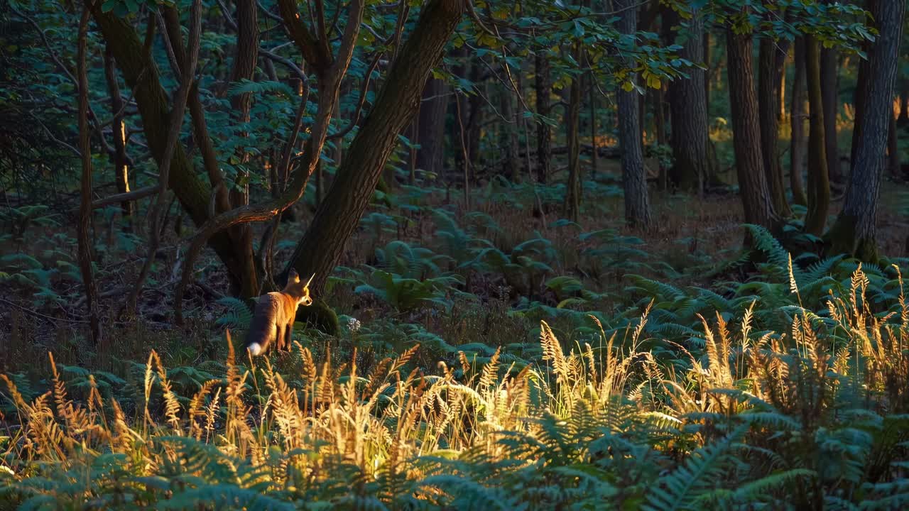 zorro rojo en el bosque a la hora dorada