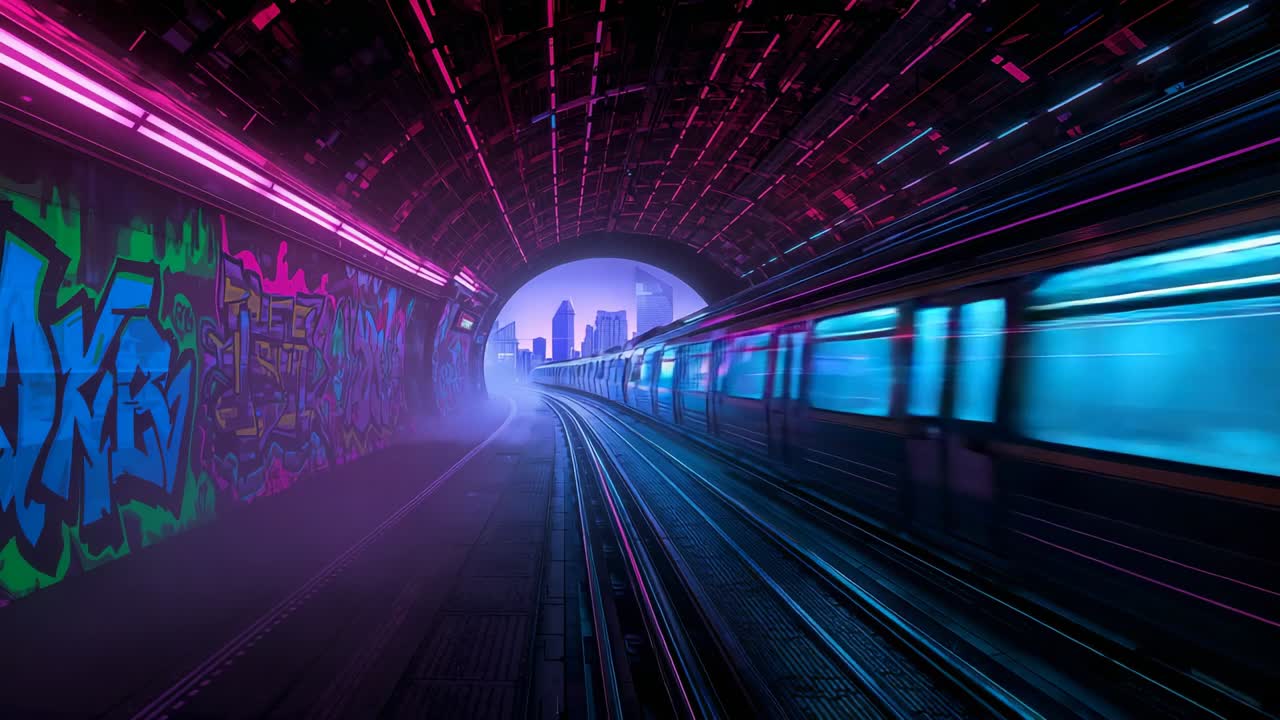 Entering cyan-lit subway train speeding through neon-lit tunnel with graffiti toward city skyline