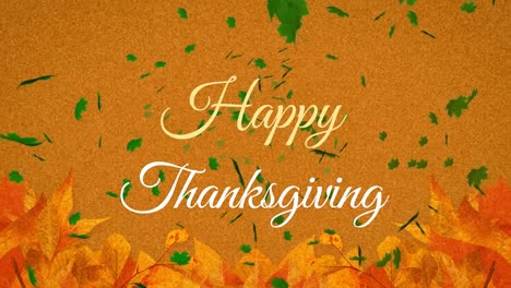 Animation-of-happy-thanksgiving-text-banner-and-autumn-leaves-floating-against-orange-background