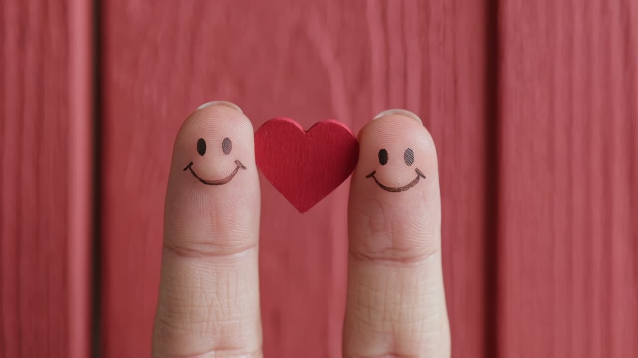 Burattini da dito creativi con faccine sorridenti disegnate che tengono un piccolo cuore di carta rosso su uno sfondo di legno.