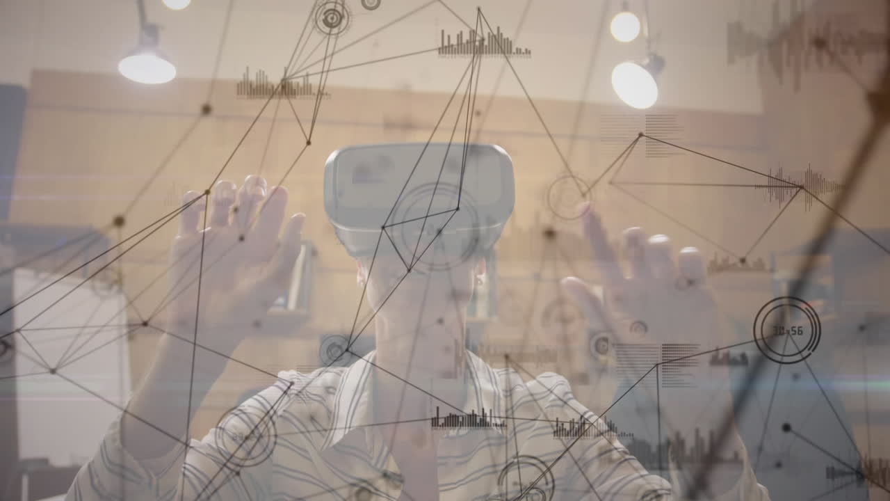 анимация сети соединений над женщиной, носящей vr-гарнитуру