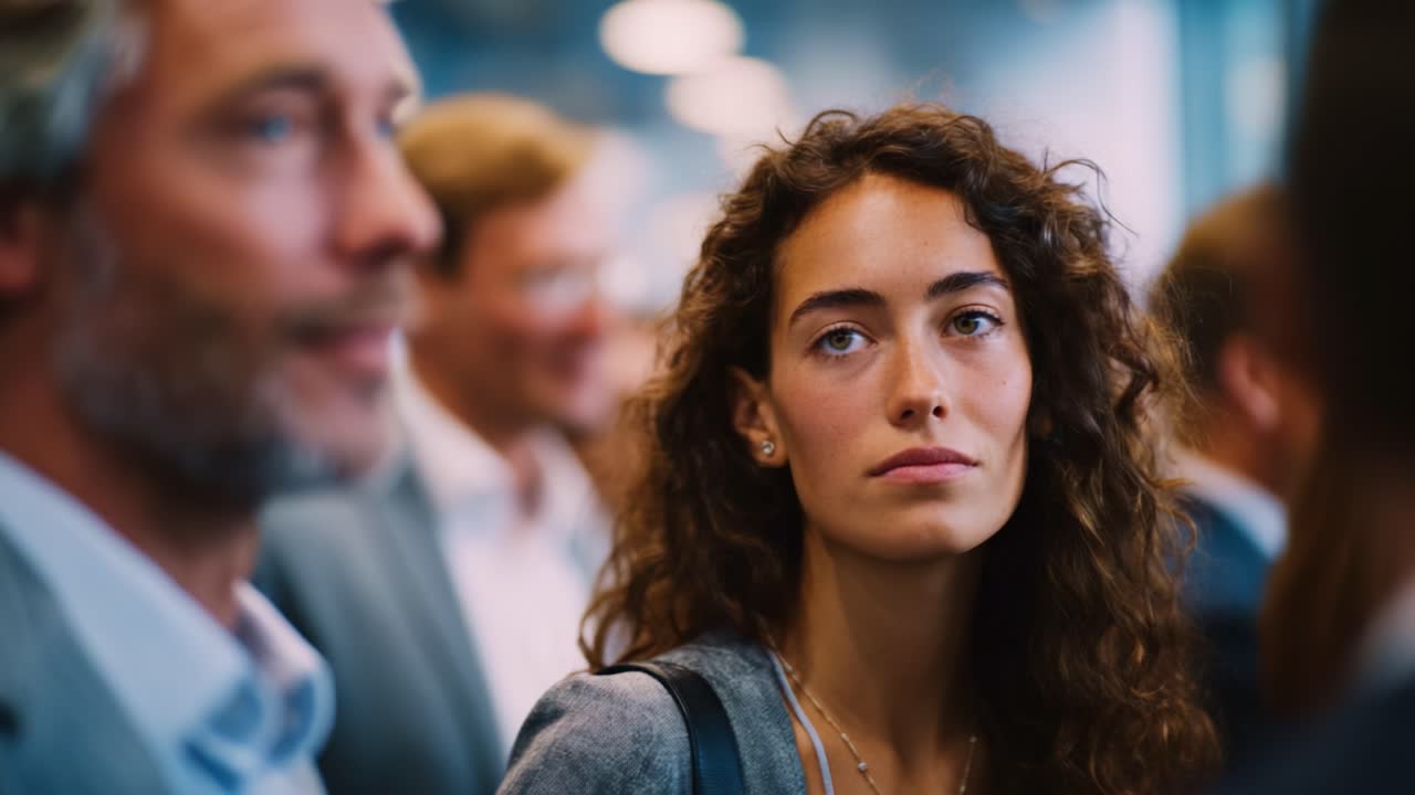 Focus accattivante: una donna in un contesto professionale esprime curiosità tra conversazioni e impegni in un ambiente aziendale dinamico