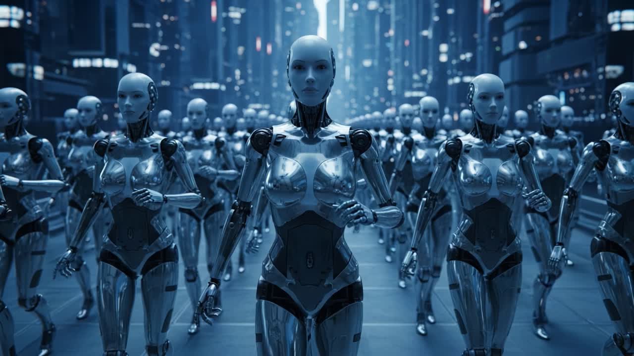 An Enigmatic March of Advanced Androids in a Futuristic Urban Landscape Showcasing the Evolution of Robotics and Technology with a Dystopian Atmosphere
