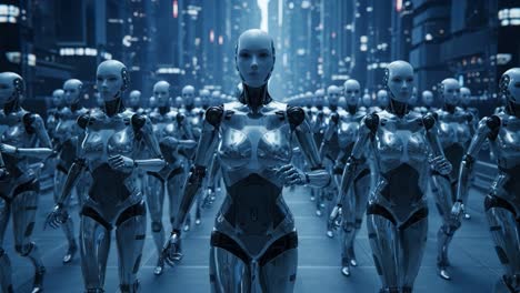 an enigmatic march of advanced androids in a futuristic urban landscape showcasing the evolution of robotics and technology with a dystopian atmosphere