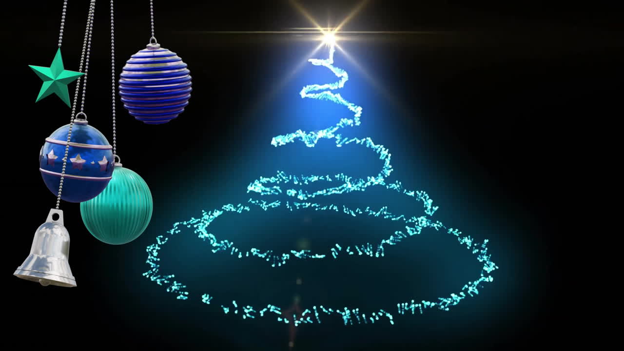Animation of christmas baubles decorations over christmas tree