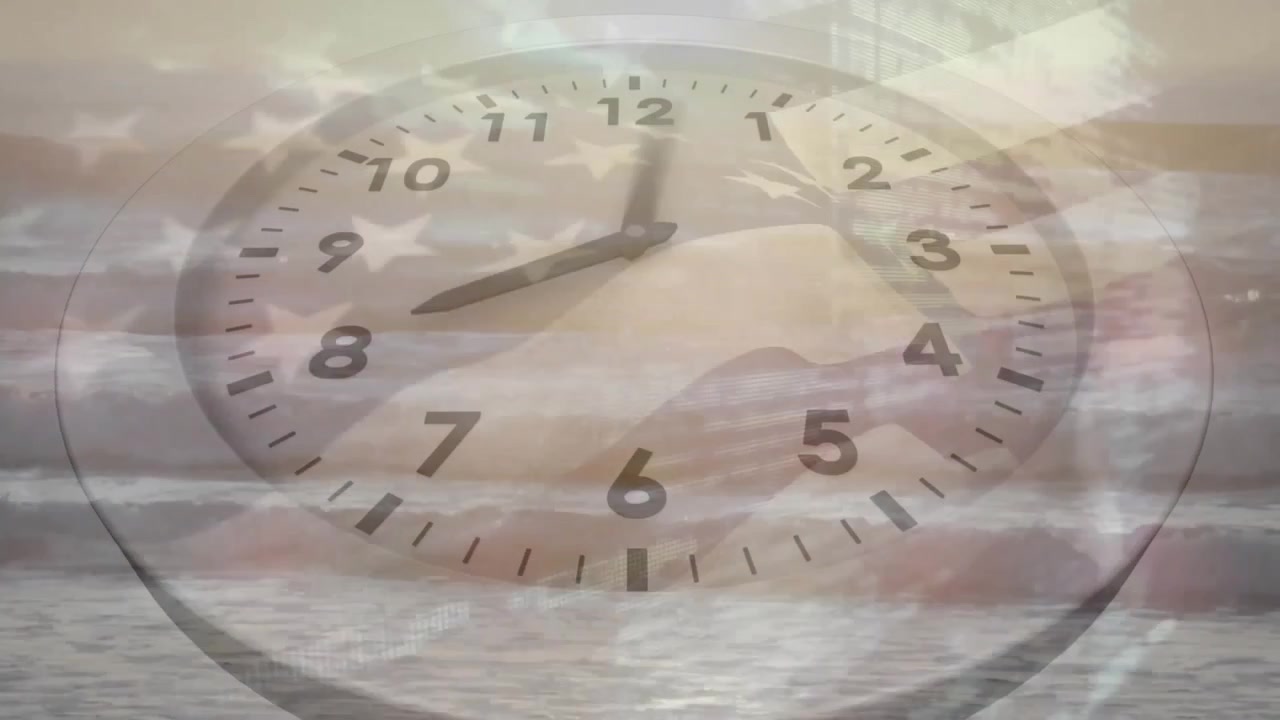 Animation of fast moving hands on clock over american flag and ocean