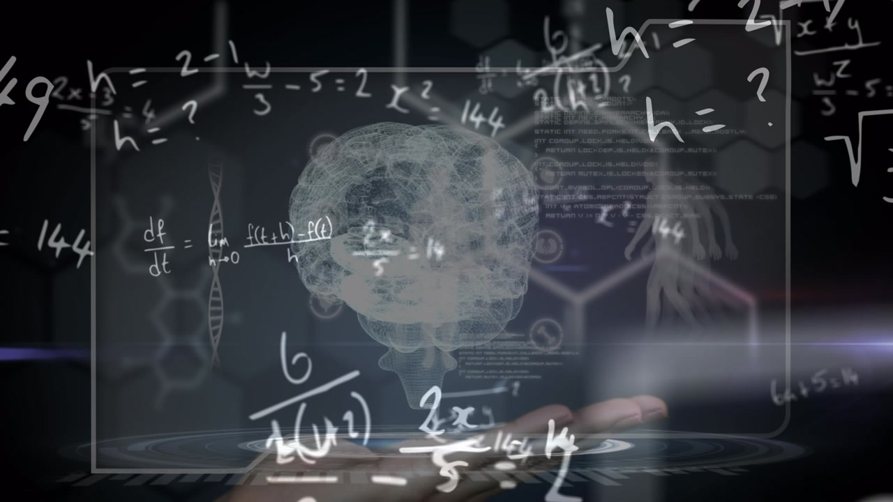 Animation of rotating brain and math formulas on black background