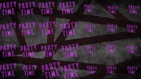 Animation-of-party-time-text-in-purple-letters-in-repetition-over-grey-pattern