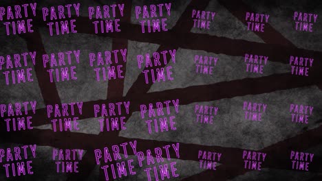 animación del texto de la fiesta en letras púrpuras en repetición sobre el patrón gris