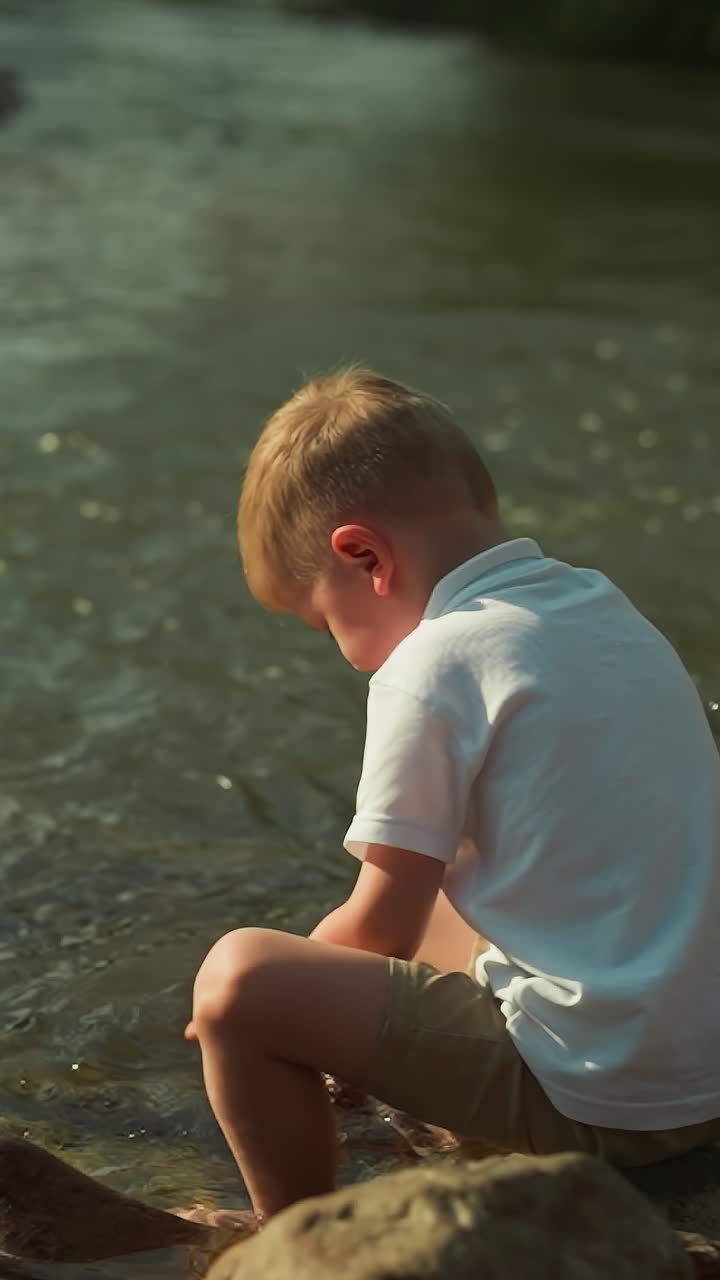 Blond boy sits on rock and throws stones into water. Little child in white t-shirt plays by shallow river. Concept of active lifestyle on warm summer day
