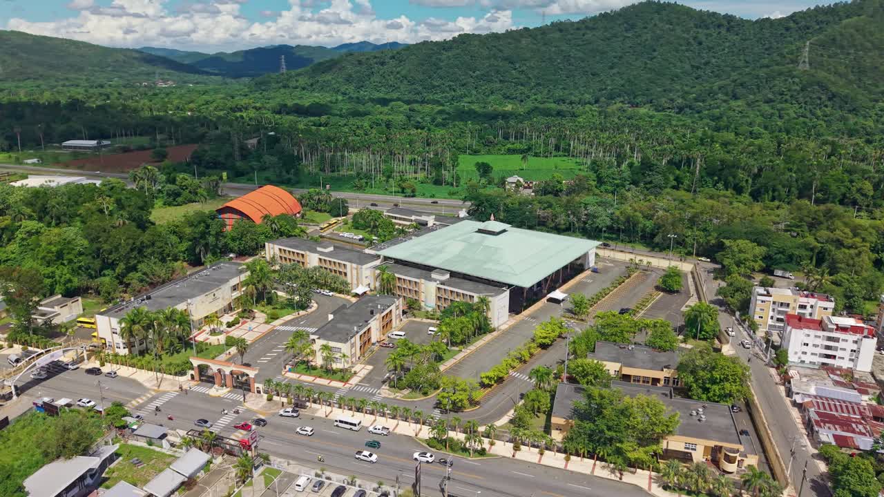 Autonomous University of Santo Domingo, UASD, campus in Bonao, university buildings and surrounding landscape, Dominican Republic. Aerial drone