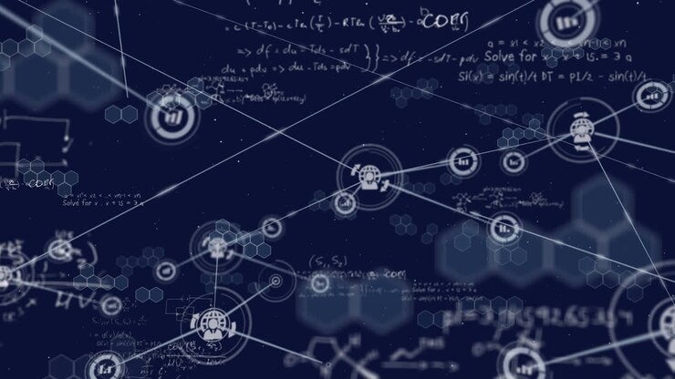 Animation of network of connections with data processing and information on blue background